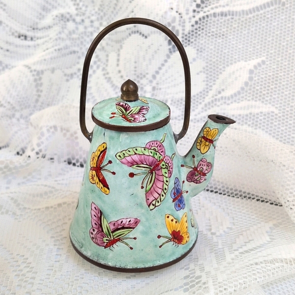 Vintage Miniature Enamel On Metal Empress Art Butterflies Teapot - Picture 2 of 11